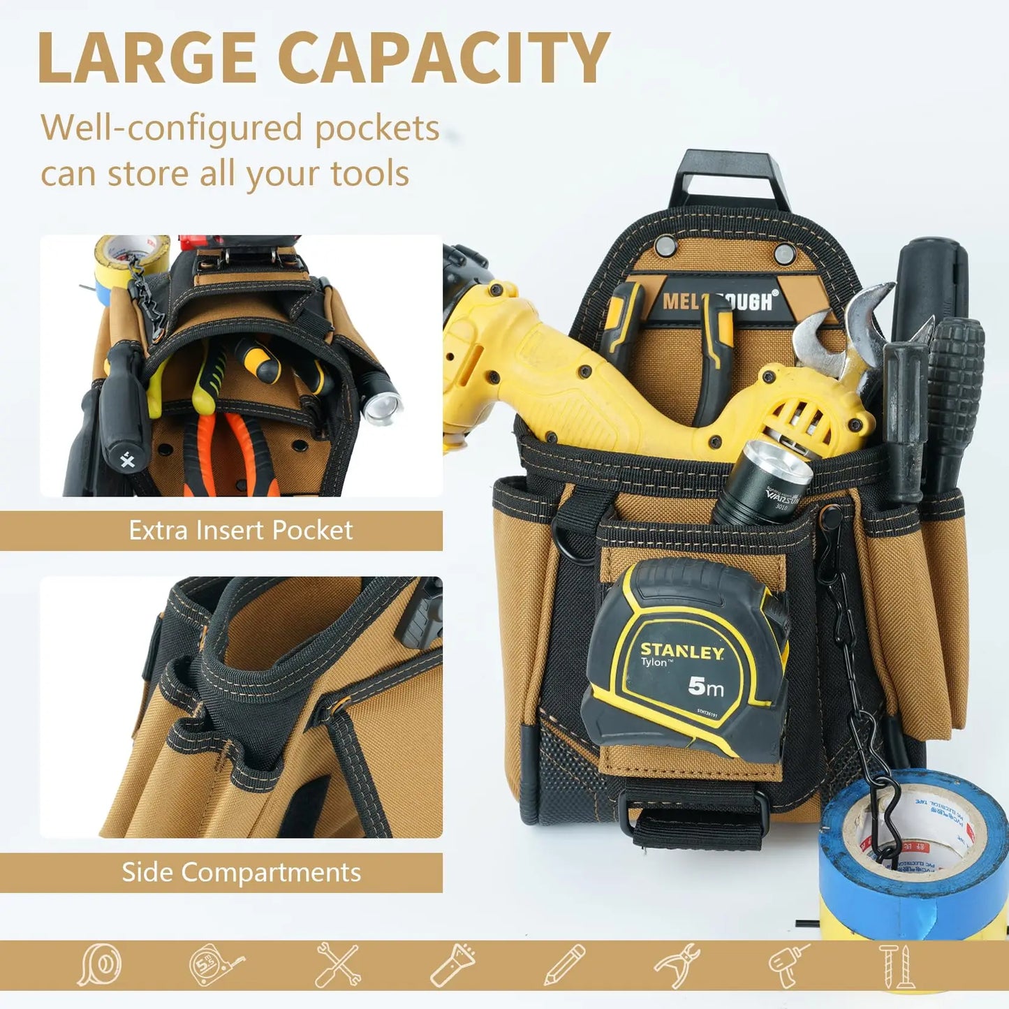 MELOTOUGH Electrician Tool Pouch Tool Belt Pouch with Belt Clip, Standalone Kickstand